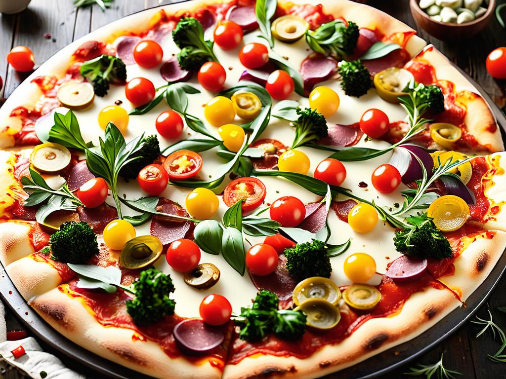 Идеально выпеченная пицца с разнообразными начинками: овощами, мясом и травами