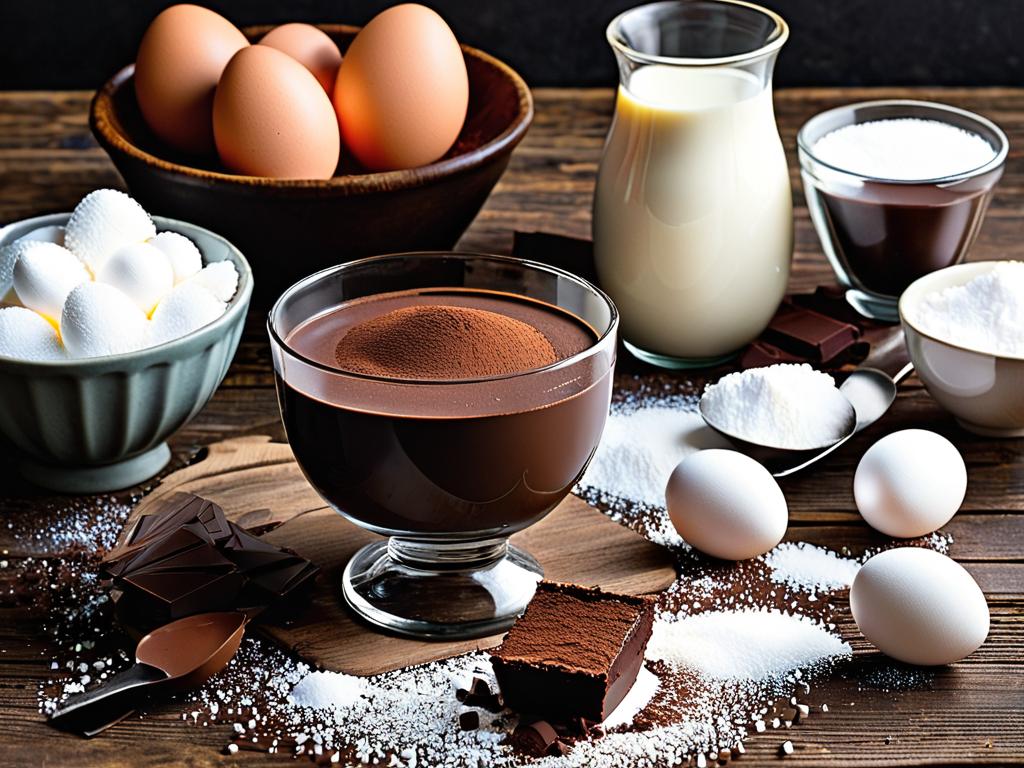 Плитка темного шоколада, стакан молока, яйца и миска сахара на деревянном столе - ингредиенты для