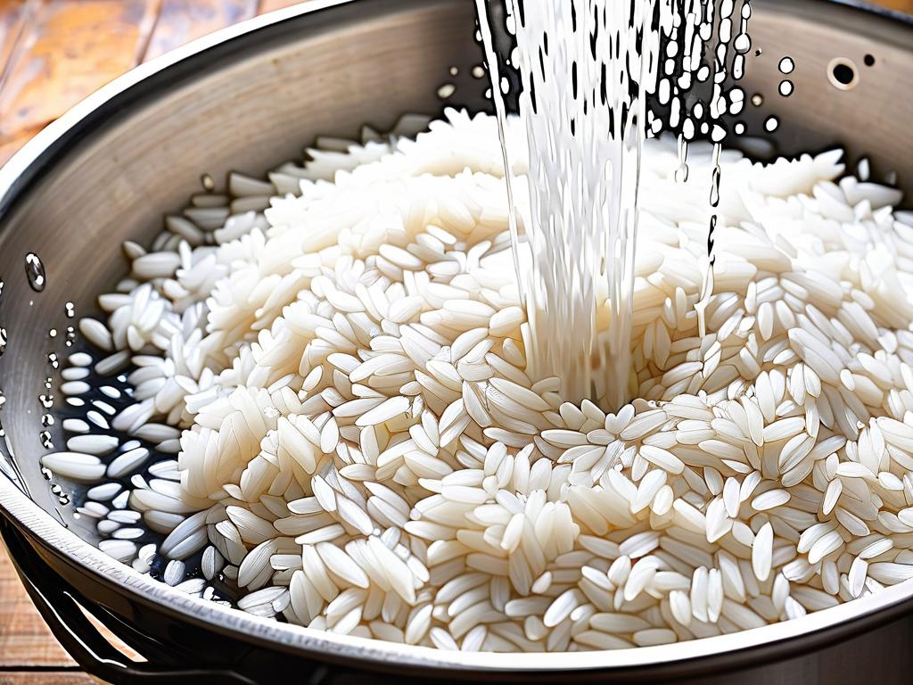 Отварной белый рис, который промывают в дуршлаге под проточной водой - иллюстрация промывания после