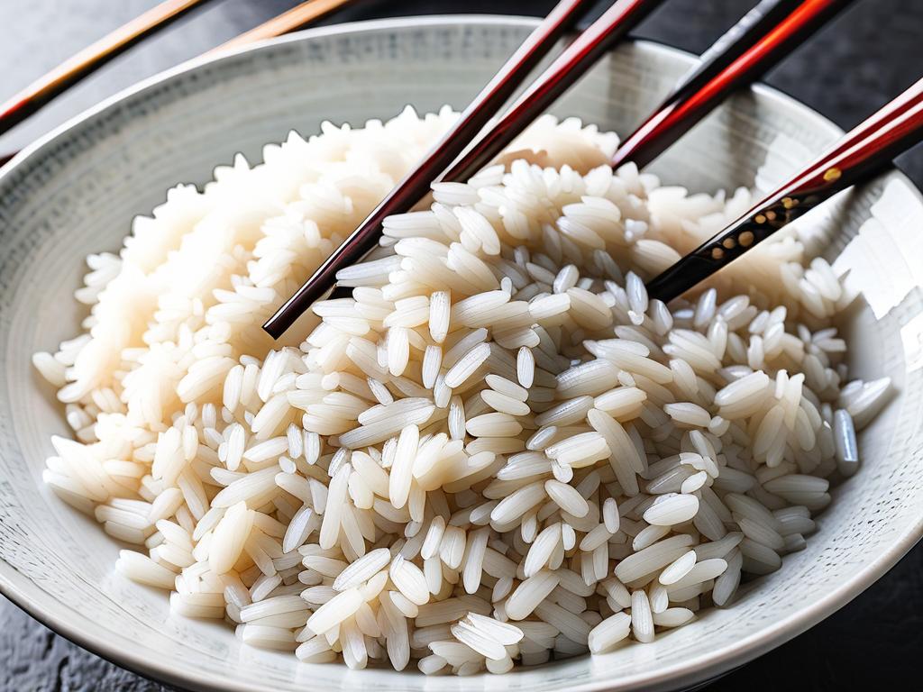 Крупный план отваренного белого риса в миске с палочками для еды - иллюстрация готового блюда, не