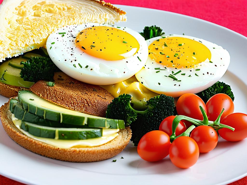 Вкусная яичница с овощами и сыром приготовлена в микроволновке