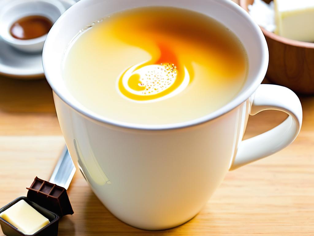 Крупный план чашки калмыцкого чая Джомба с маслом