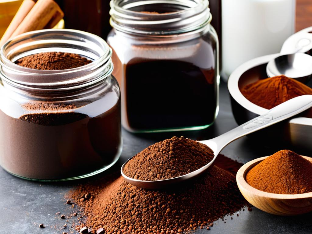 Какао-порошок, сахар и корица в баночках рядом с мерными ложками на кухонной стойке