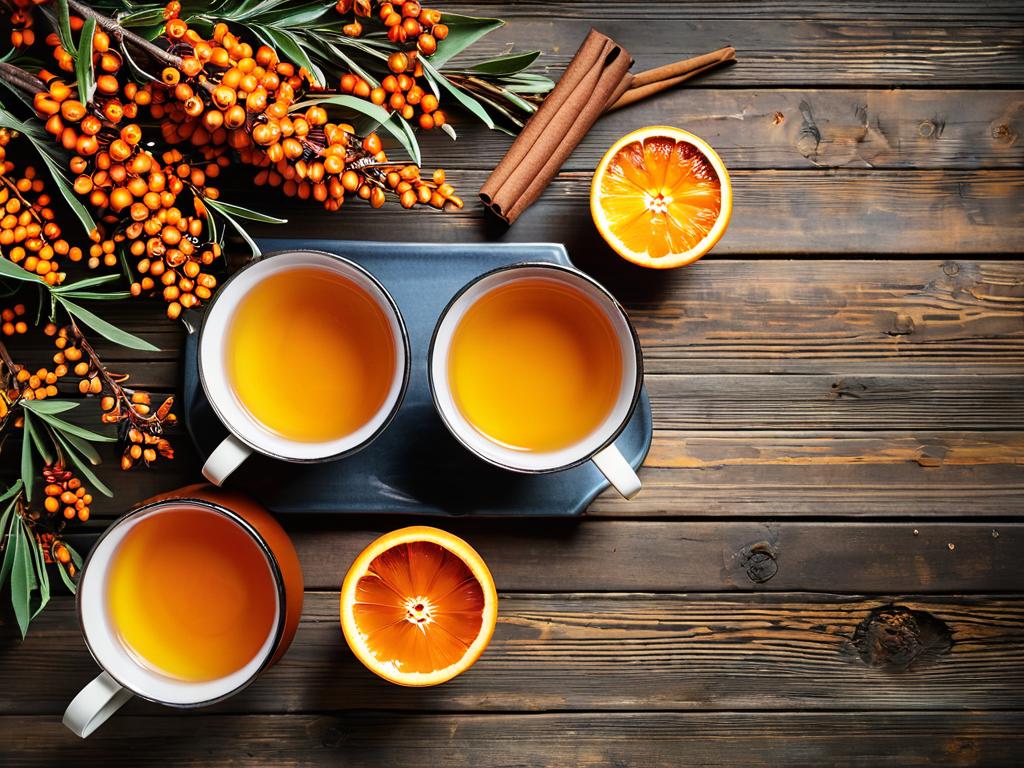 Вид сверху на ароматный коричный апельсиновый облепиховый чай в керамических чашках на фоне