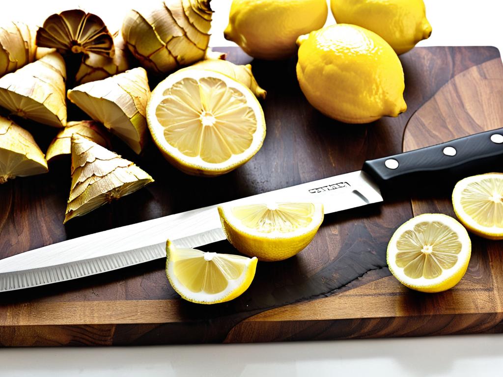 Ломтики свежего имбиря и дольки лимона на разделочной доске с ножом