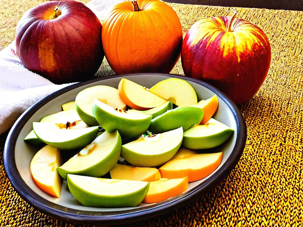 Нарезанные кусочки тыквы и яблок для приготовления сока