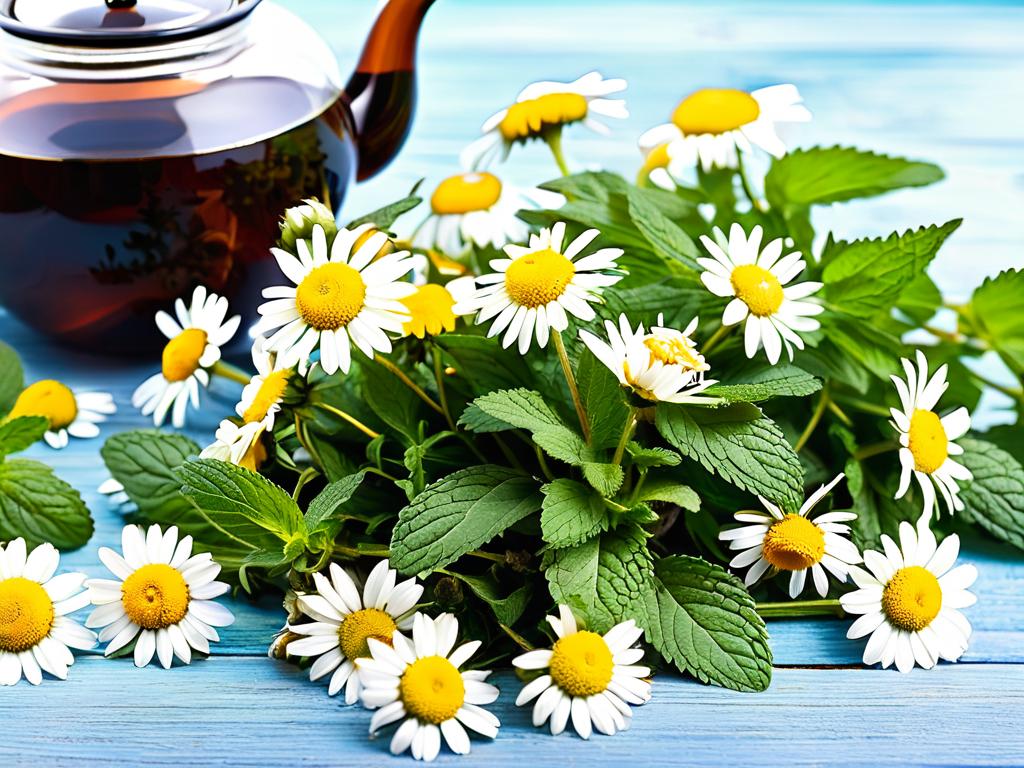 Свежая мята и цветы ромашки для приготовления травяного чая