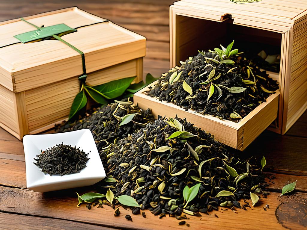 Черный чай высшего сорта и листья зеленого чая на деревянном столе рядом с коробкой для чая