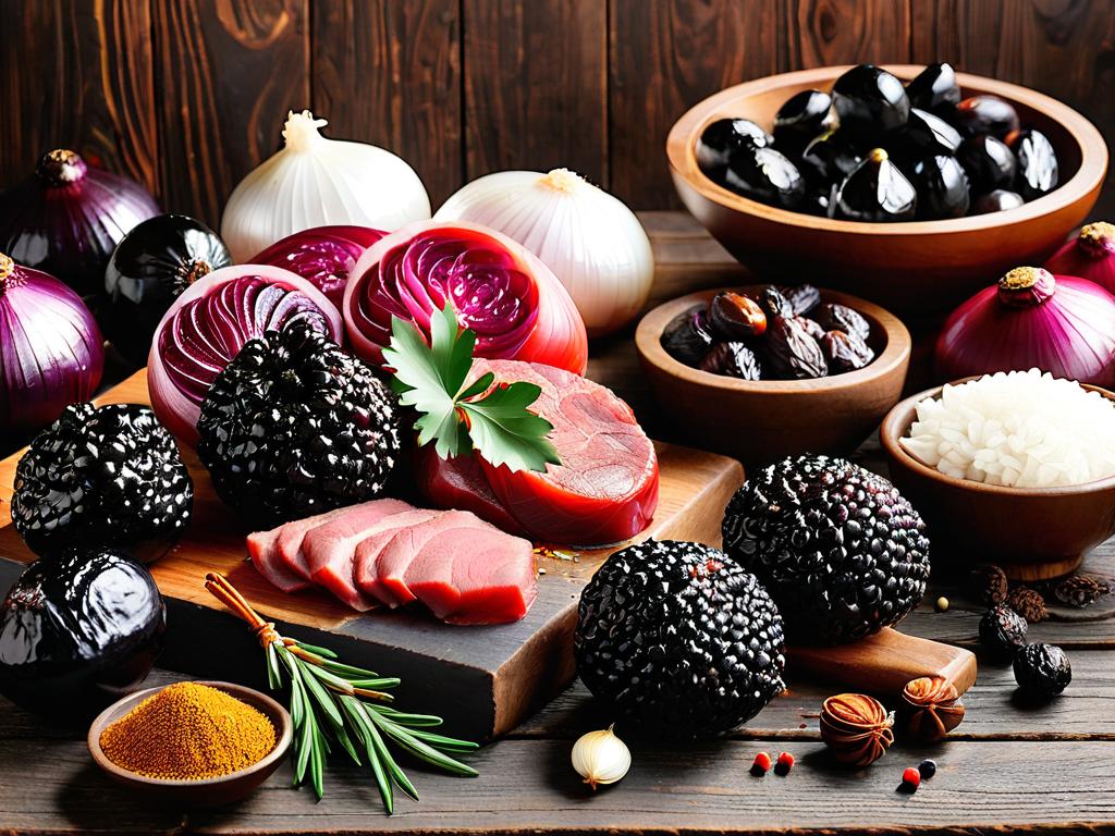Подбор высококачественных продуктов для говядины с черносливом: мясо, чернослив, лук и специи на