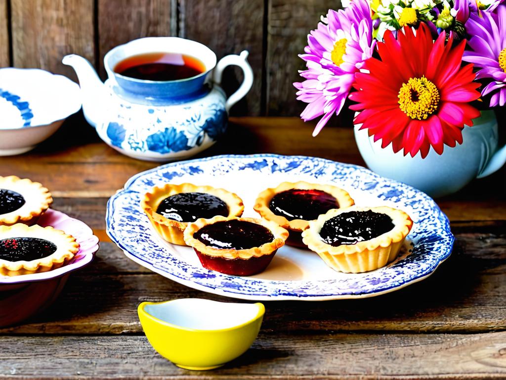 Тарелка со слойками с джемом на деревянном столе с чаем и цветами