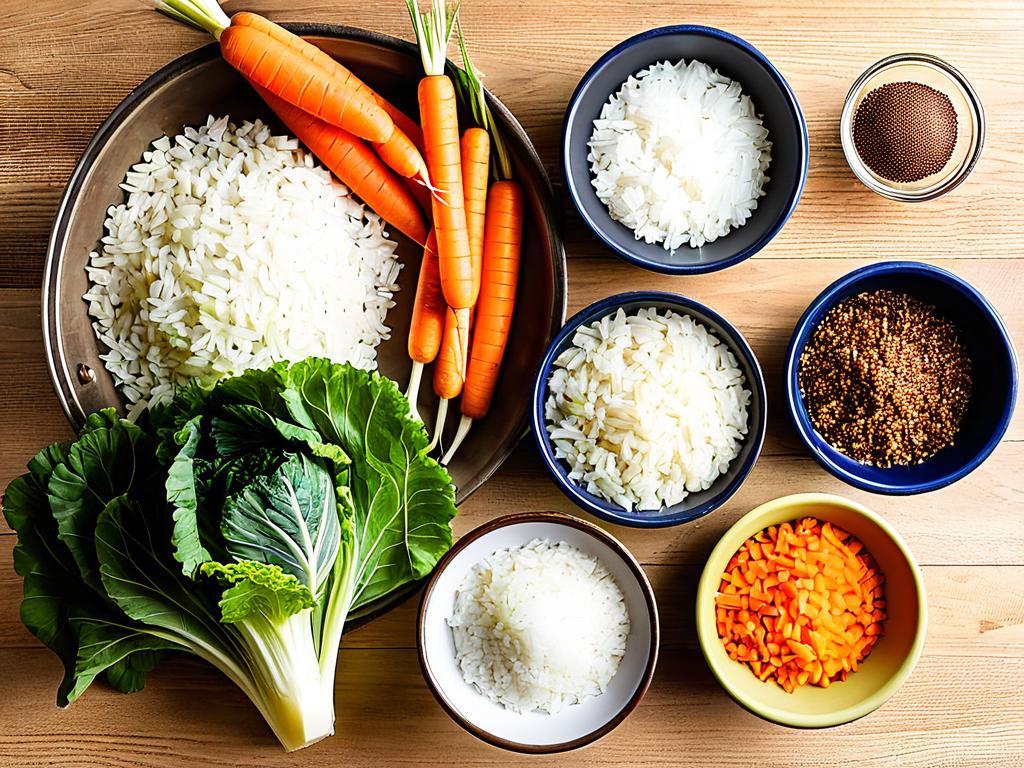 Фото ингредиентов для голубцов - лук, морковь, фарш, рис