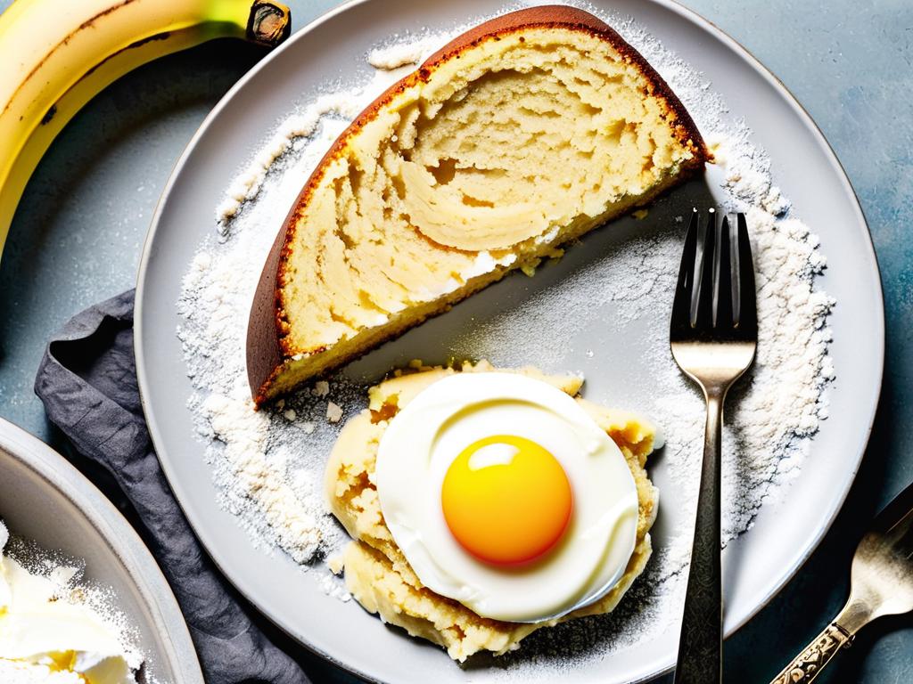 Спелый банан, размятый вилкой на тарелке, рядом лежат яйца, молоко, мука, сахар и сливочное масло -
