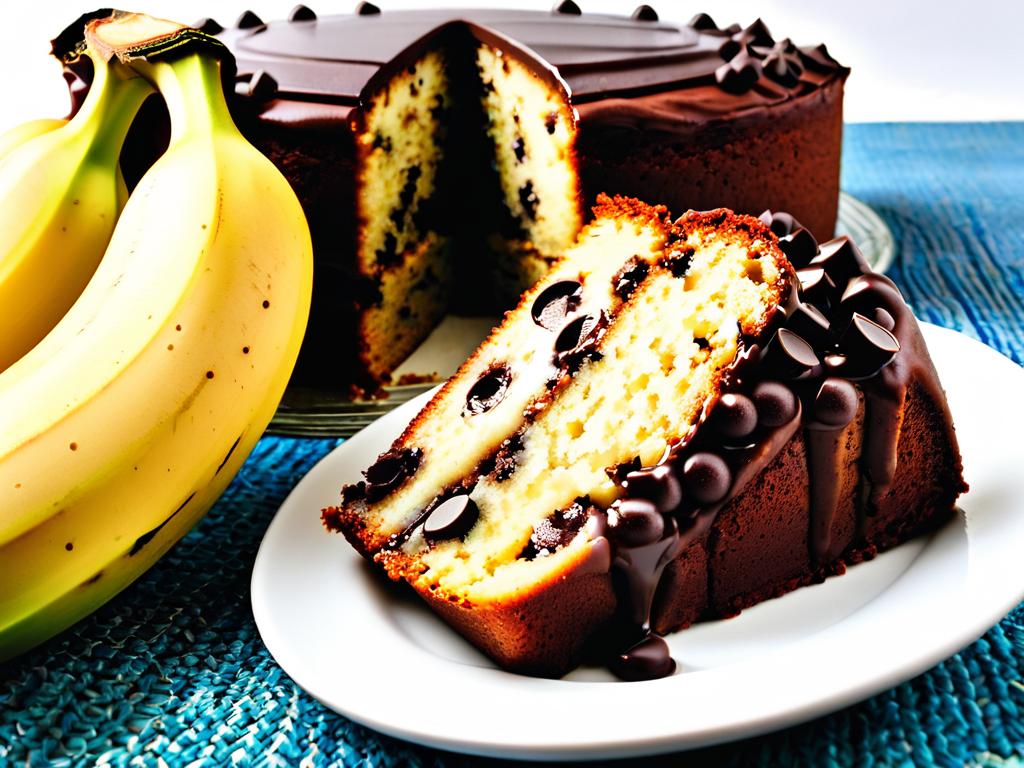 Ломтик вкусного бананового кекса с шоколадной крошкой, быстро приготовленного в микроволновке, для