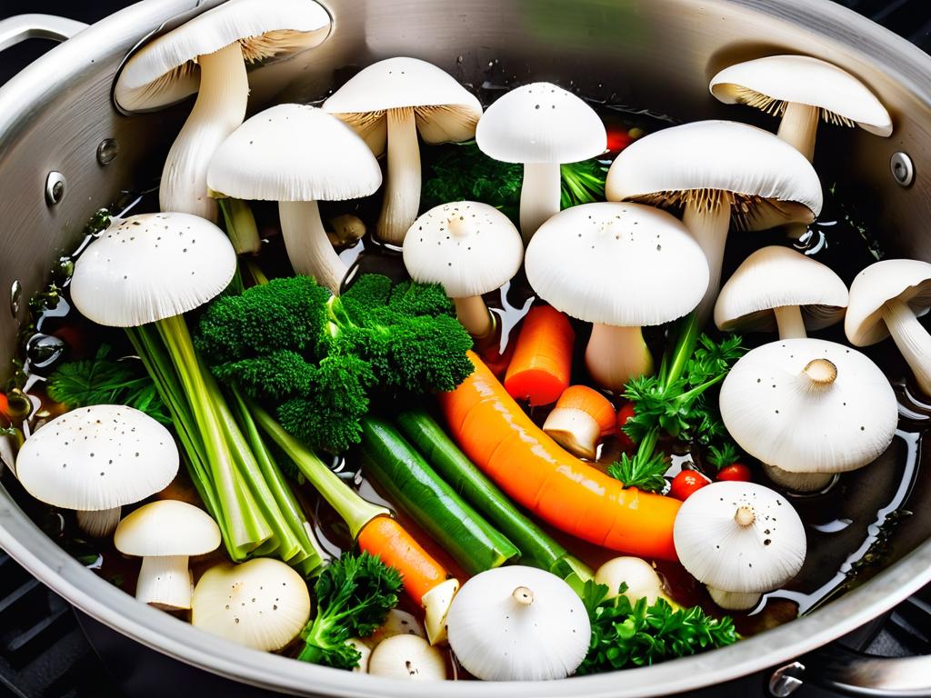 Белые грибы варятся в кастрюле с овощами