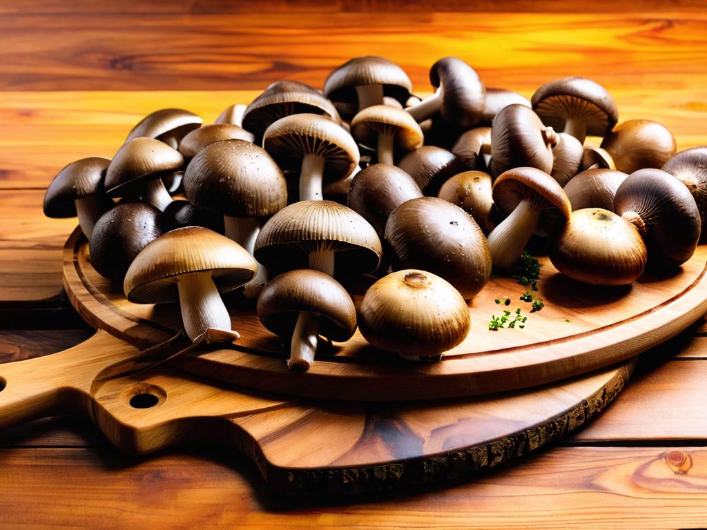 Вареные грибы разных видов на деревянной разделочной доске