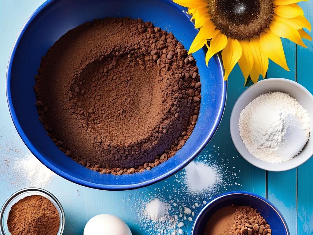 Фото ингредиентов для кекса в кружке - яйцо в синей миске, какао-порошок, сахар, подсолнечное