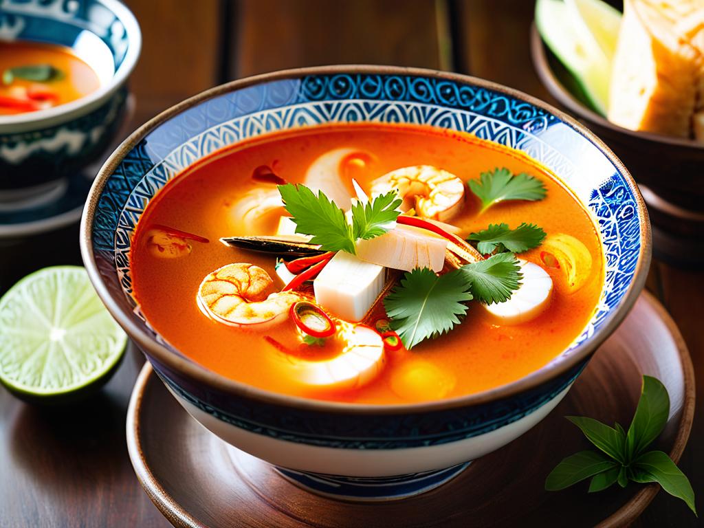 Подача супа том ям в традиционной тайской посуде