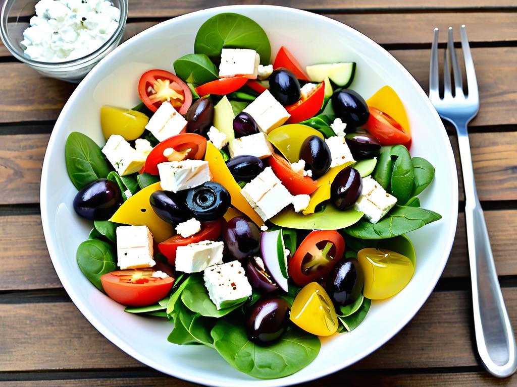 Салат с овощами, сыром и оливками, заправленный маслом экстра класса