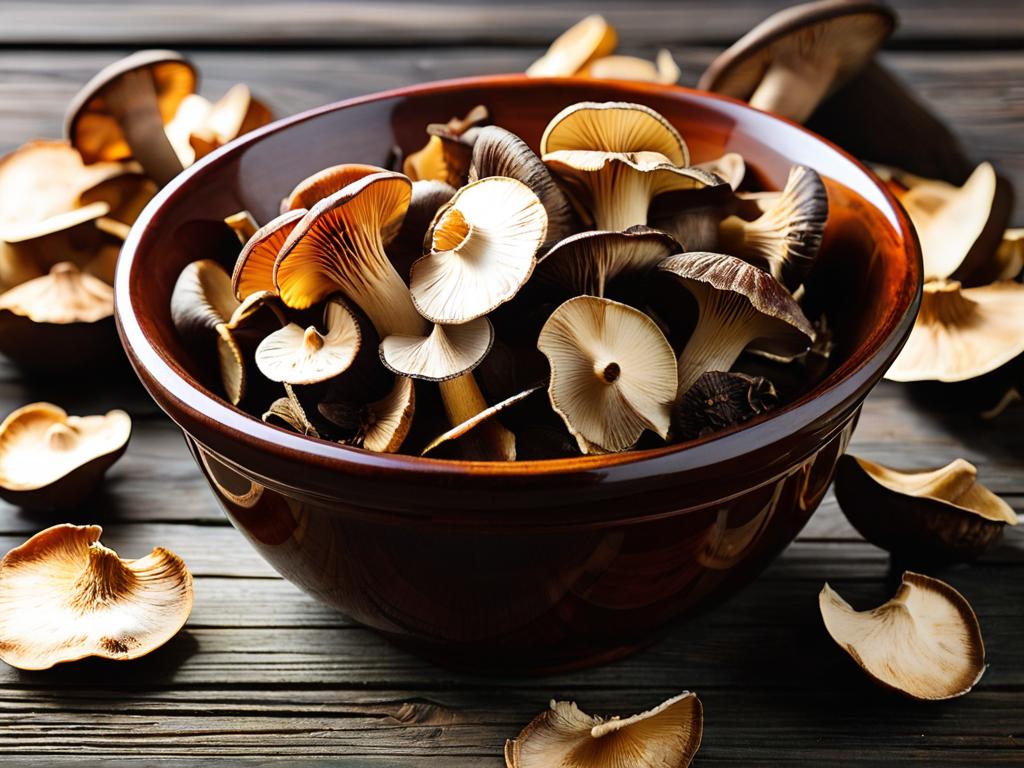 Сушеные белые грибы в миске на деревянном фоне
