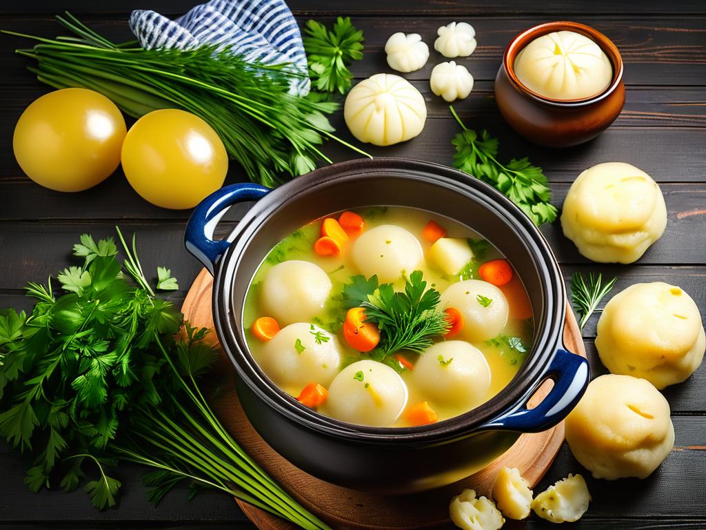 Миска с горячим картофельным супом с клецками, овощами и зеленью. Традиционная славянская кухня.