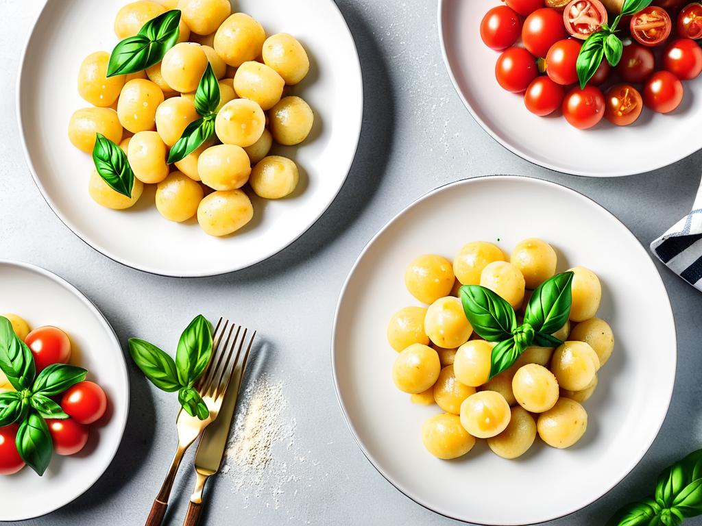 Два вида домашних ньокки на белой тарелке, украшенные помидором и базиликом