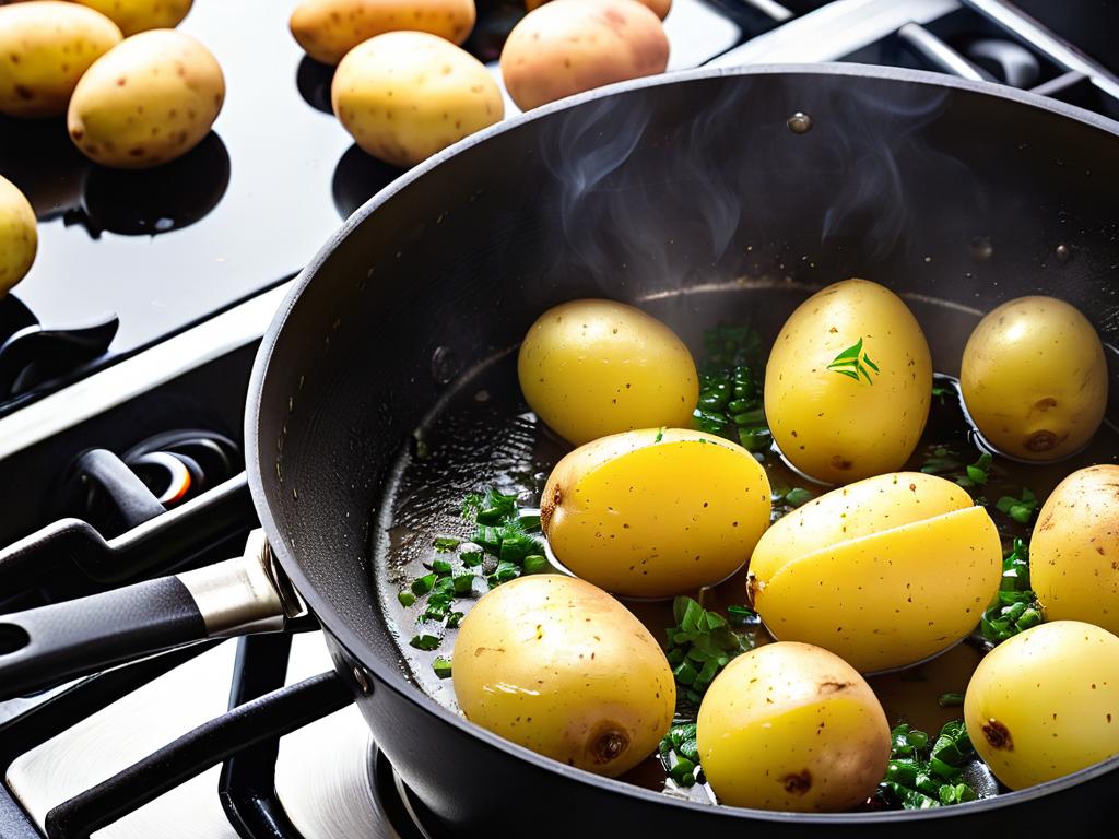 Крупный план картофеля, варящегося в металлической кастрюле на конфорке плиты
