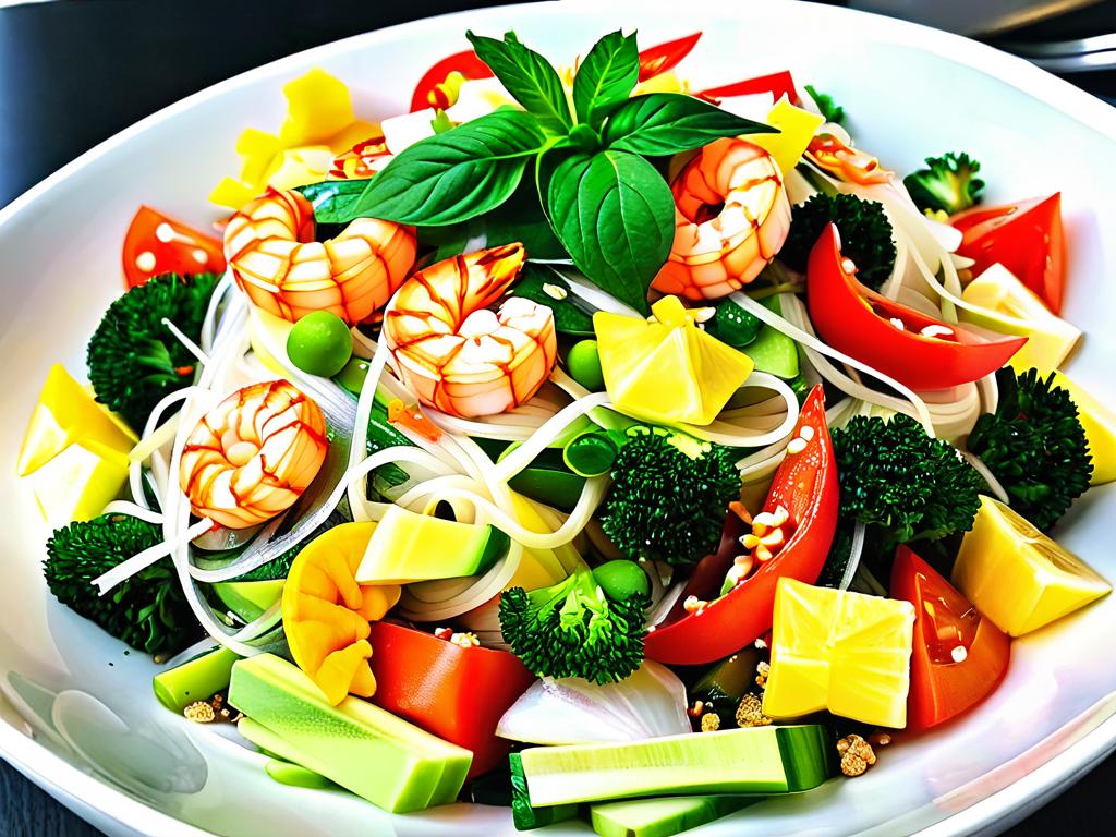 Салат из фунчозы с морепродуктами и овощами