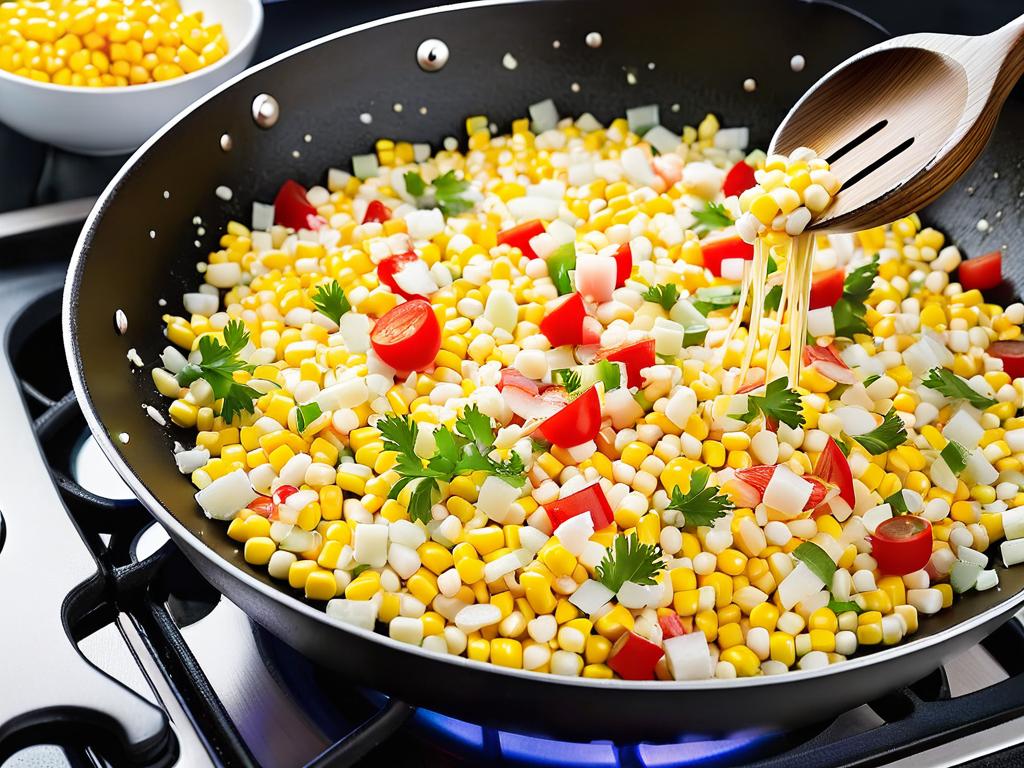 Процесс приготовления кукурузного салата с крабовыми палочками в сковороде с перемешиванием
