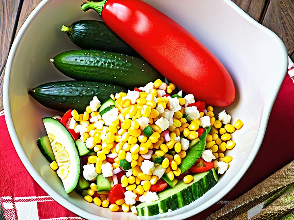 Добавление свежих овощей, таких как огурцы, помидоры, болгарский перец, делает кукурузный салат с