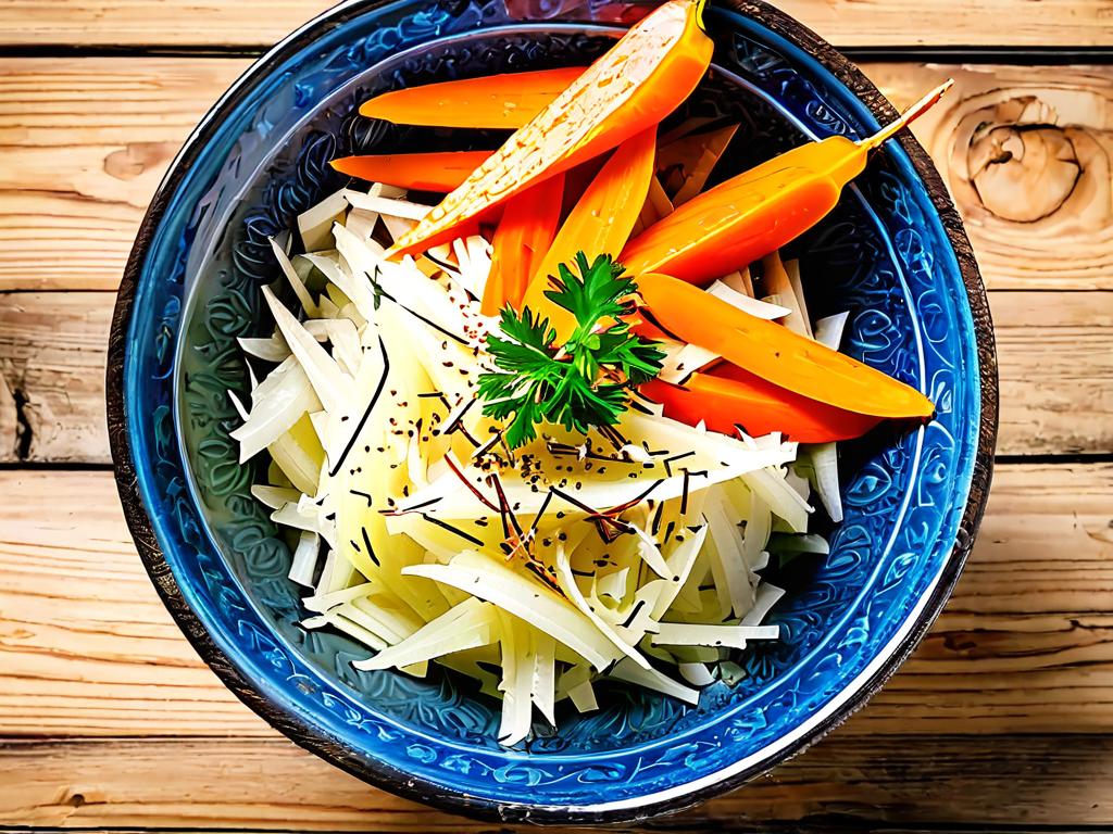 Миска с салатом из маринованной капусты с ломтиками моркови, приправами на деревянном фоне.
