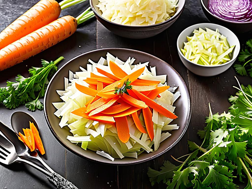 Приготовление салата из маринованной капусты с ломтиками моркови