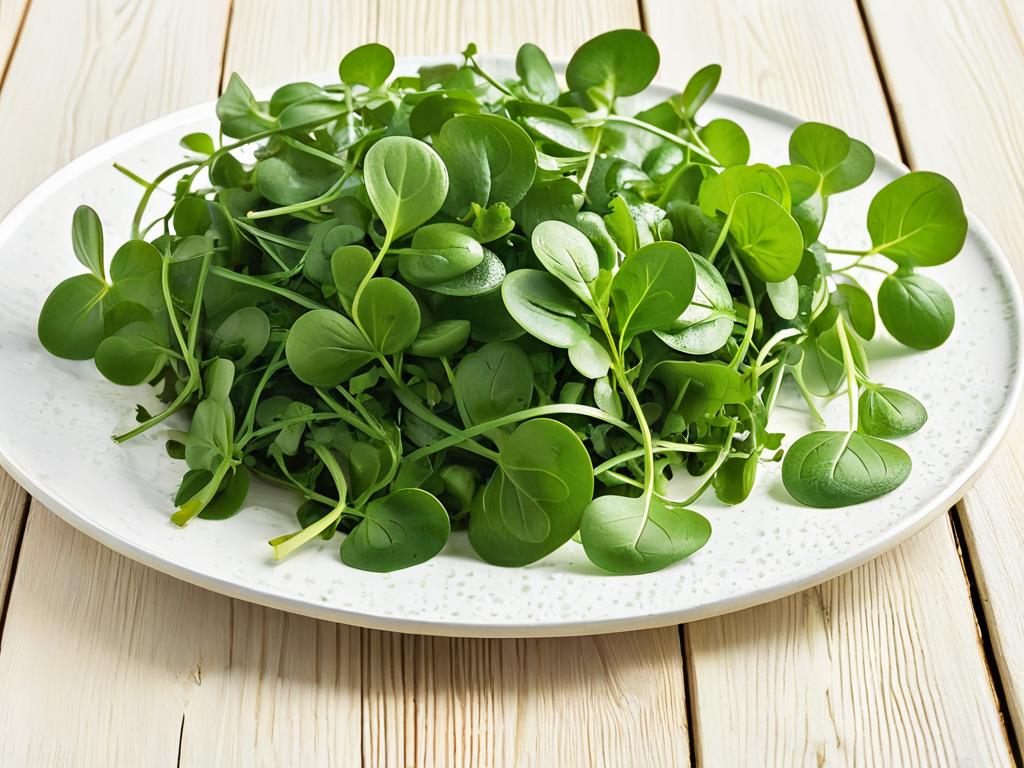Крупный план листьев кресс-салата с зелеными стеблями на белой тарелке на светлой деревянной