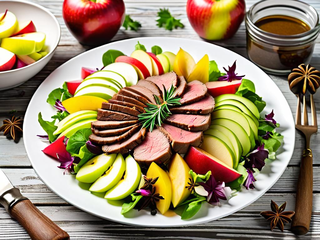 Пражский салат с говядиной, огурцами и яблоками на белой тарелке