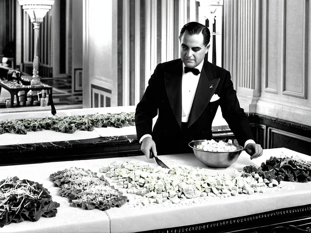Черно-белая фотография Цезаря Кардини, готовящего салат Цезарь у столика в 1920-х годах
