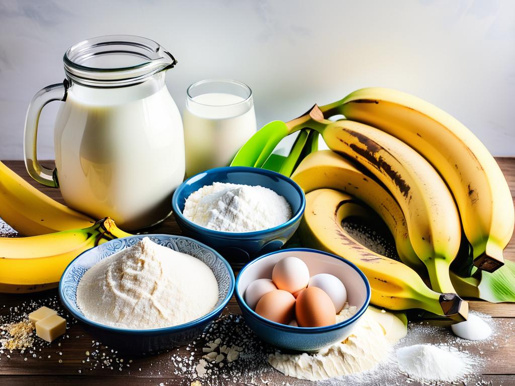 Ингредиенты для приготовления вкусного манника с бананом - молоко, мука, сахар, яйца, бананы