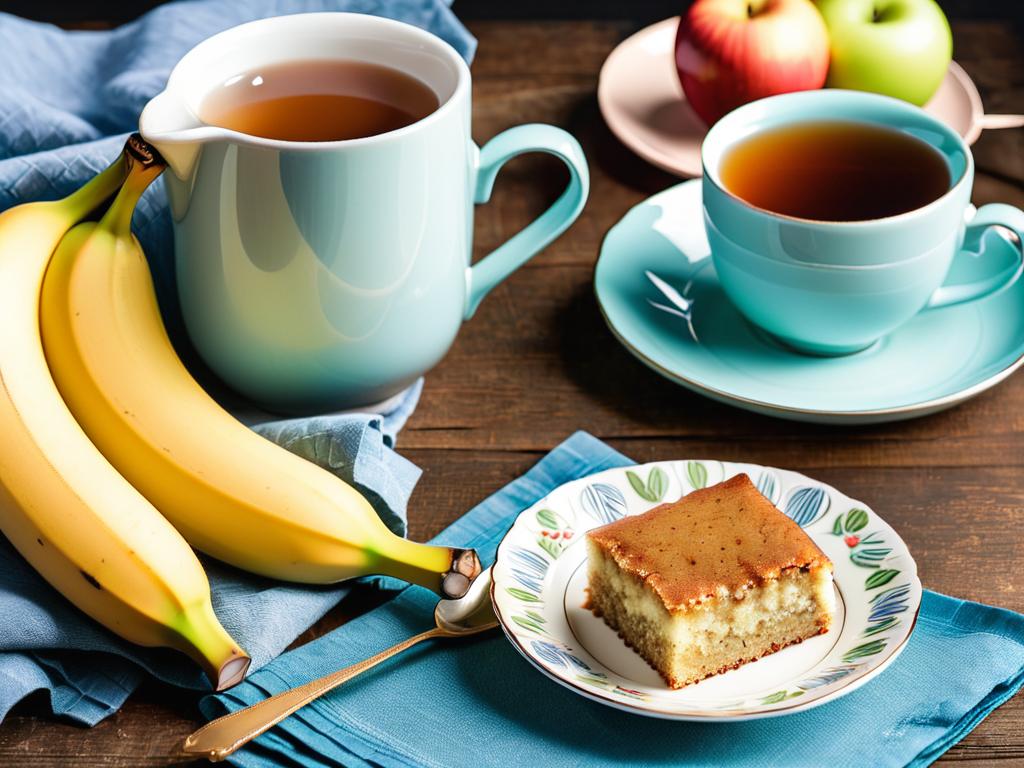 Ломтик вкусного домашнего манника с бананом рядом с чашкой чая и яблоком