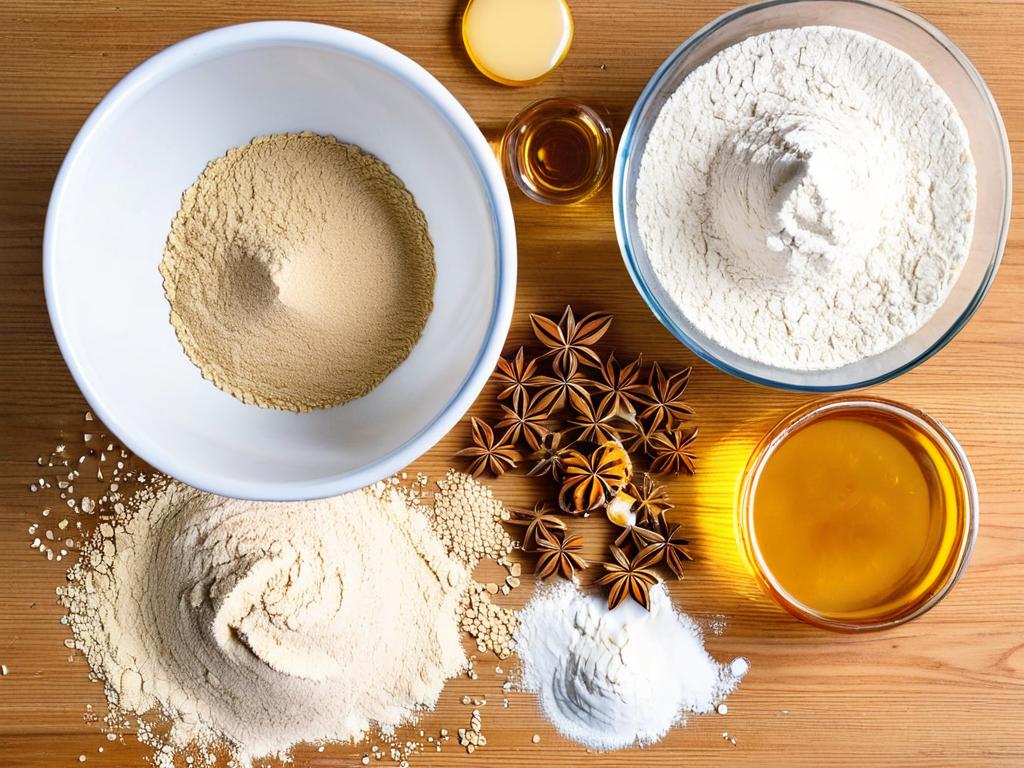Ингредиенты для теста - ржаная и пшеничная мука, вода, мед и дрожжи