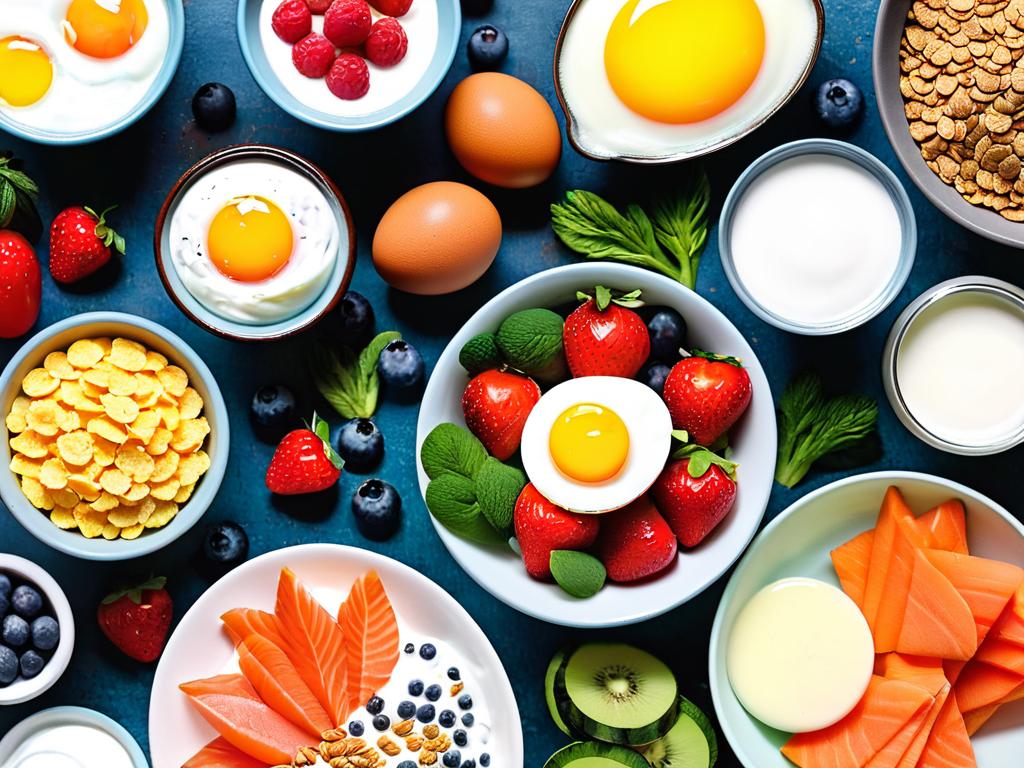 Коллаж продуктов - яйца, йогурт, каши, овощи, лосось и фрукты