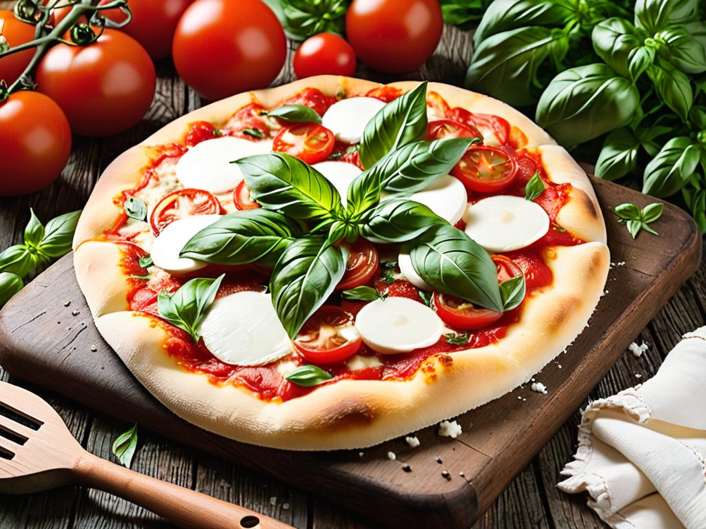 Домашняя пицца маргарита с томатным соусом сыром моцарелла и листьями базилика