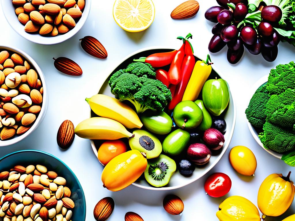 Различные полезные продукты, включая овощи, фрукты, орехи, расположенные на столе