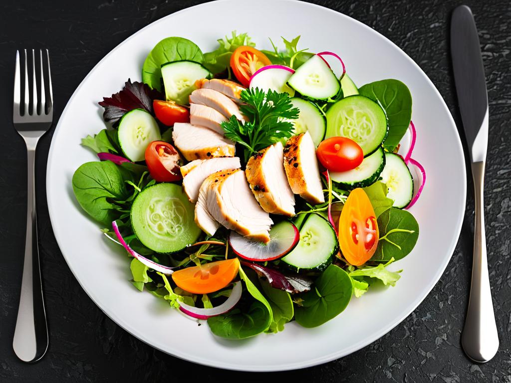 Вкусный микс-салат с куриным филе, помидорами, огурцом, морковью, редисом и листьями салата в