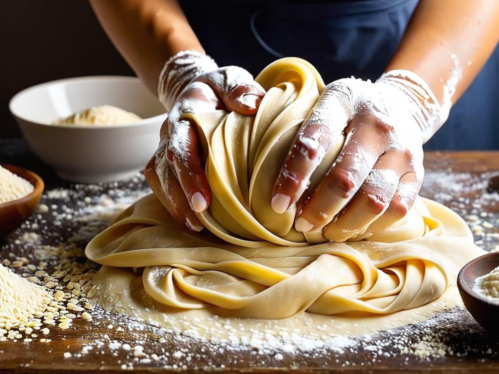 Руки женщины месят тесто для домашней лапши