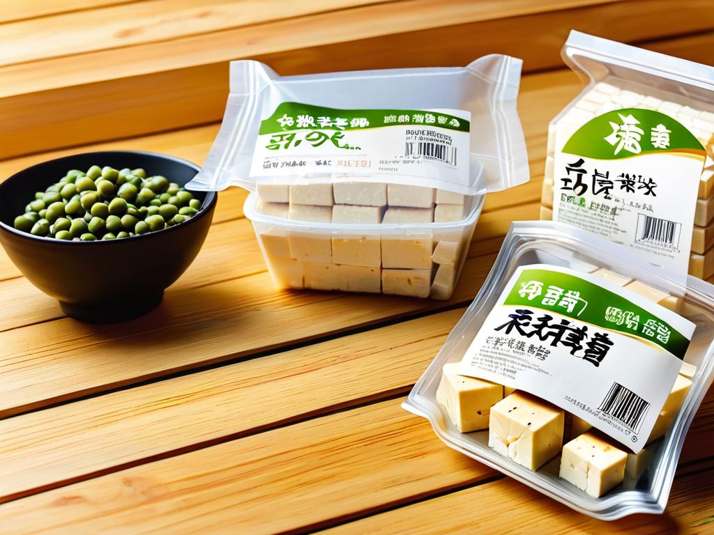 Кубики тофу в пластиковой упаковке на деревянном столе с соевыми бобами и японской посудой
