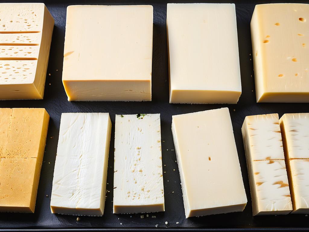 Разные виды тофу разрезаны для демонстрации текстур от шелковистого до сверхтвердого