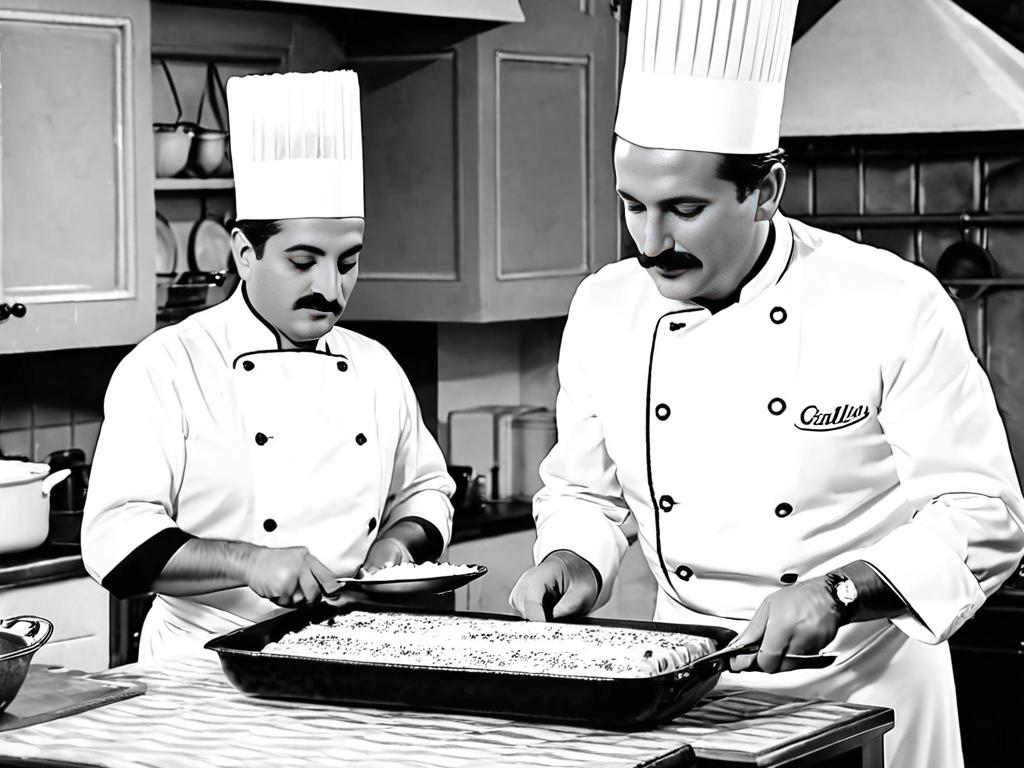 Старинное черно-белое фото итальянского повара, готовящего каннеллони на кухне.