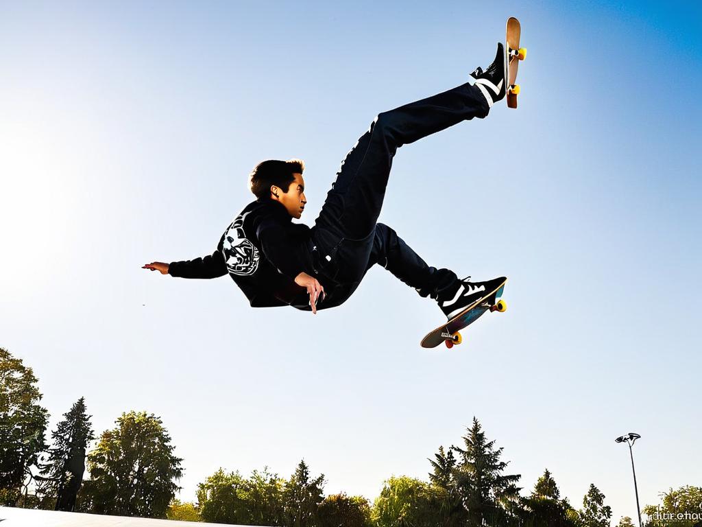 Скейтбордист выполняет трюк в воздухе