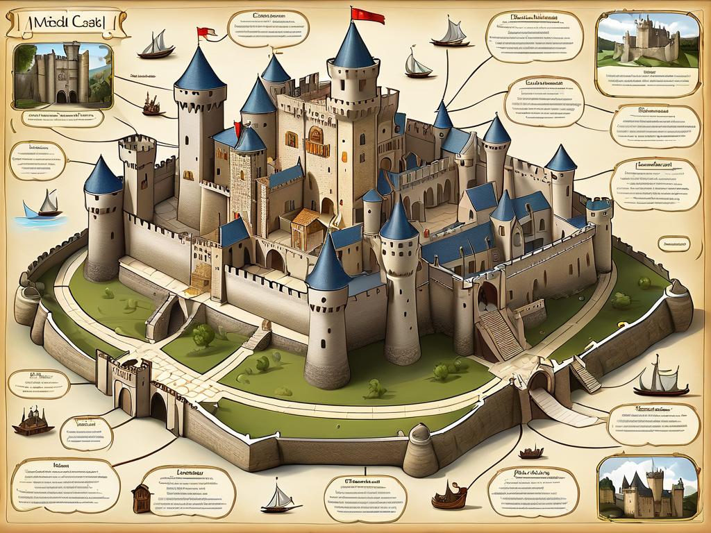 Мысленная карта чертогов разума в виде средневекового замка с множеством комнат и предметов для