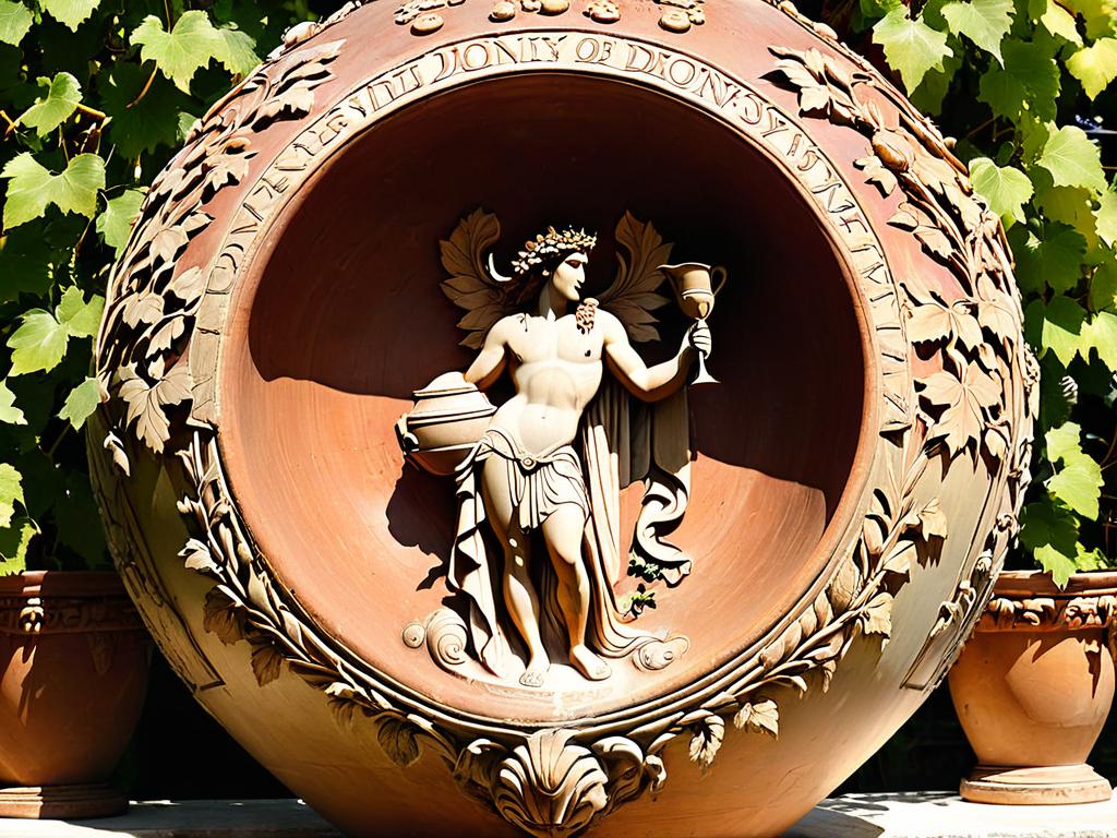Древнегреческая амфора с изображением Диониса среди виноградных лоз и сатиров иллюстрирует