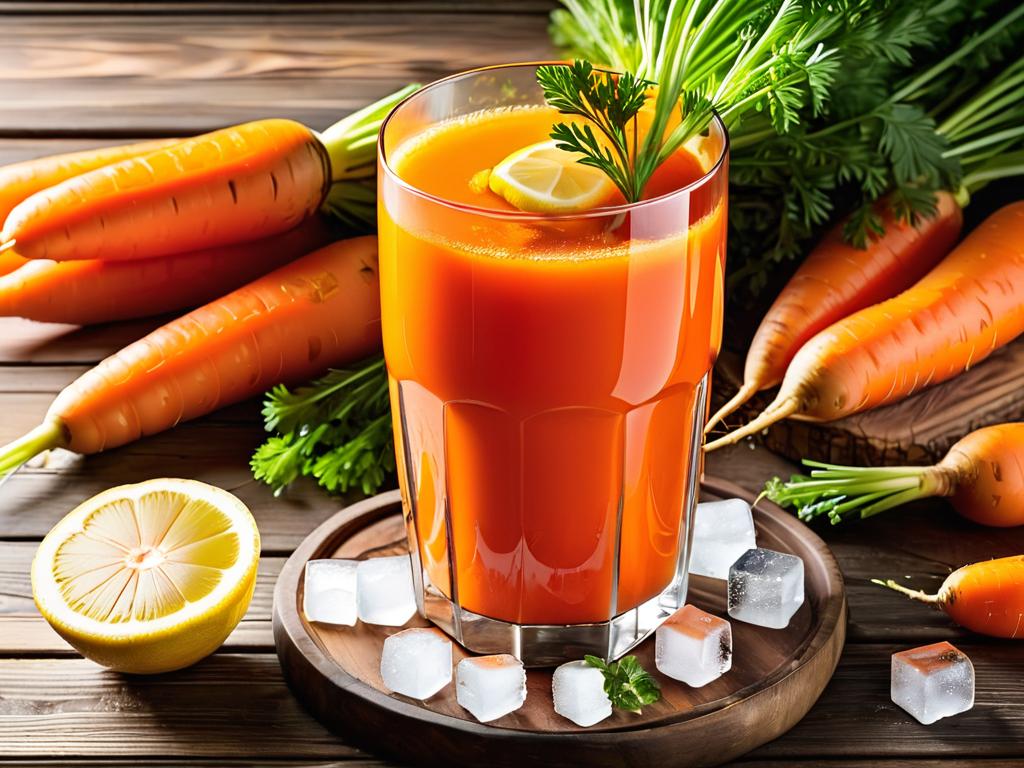Стакан морковного сока с морковью, ломтиками лимона и кубиками льда на деревянном фоне. Оранжевый