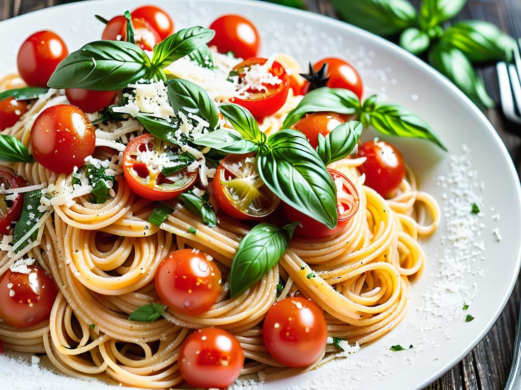 Крупный план спагетти, перемешанных с помидорами черри, листьями свежего базилика, оливковым маслом